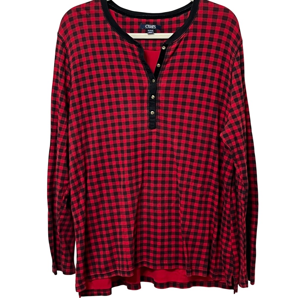 CHAPS Red Black‎ Buffalo Plaid Long Sleeve Henley Shirt Womens XXL